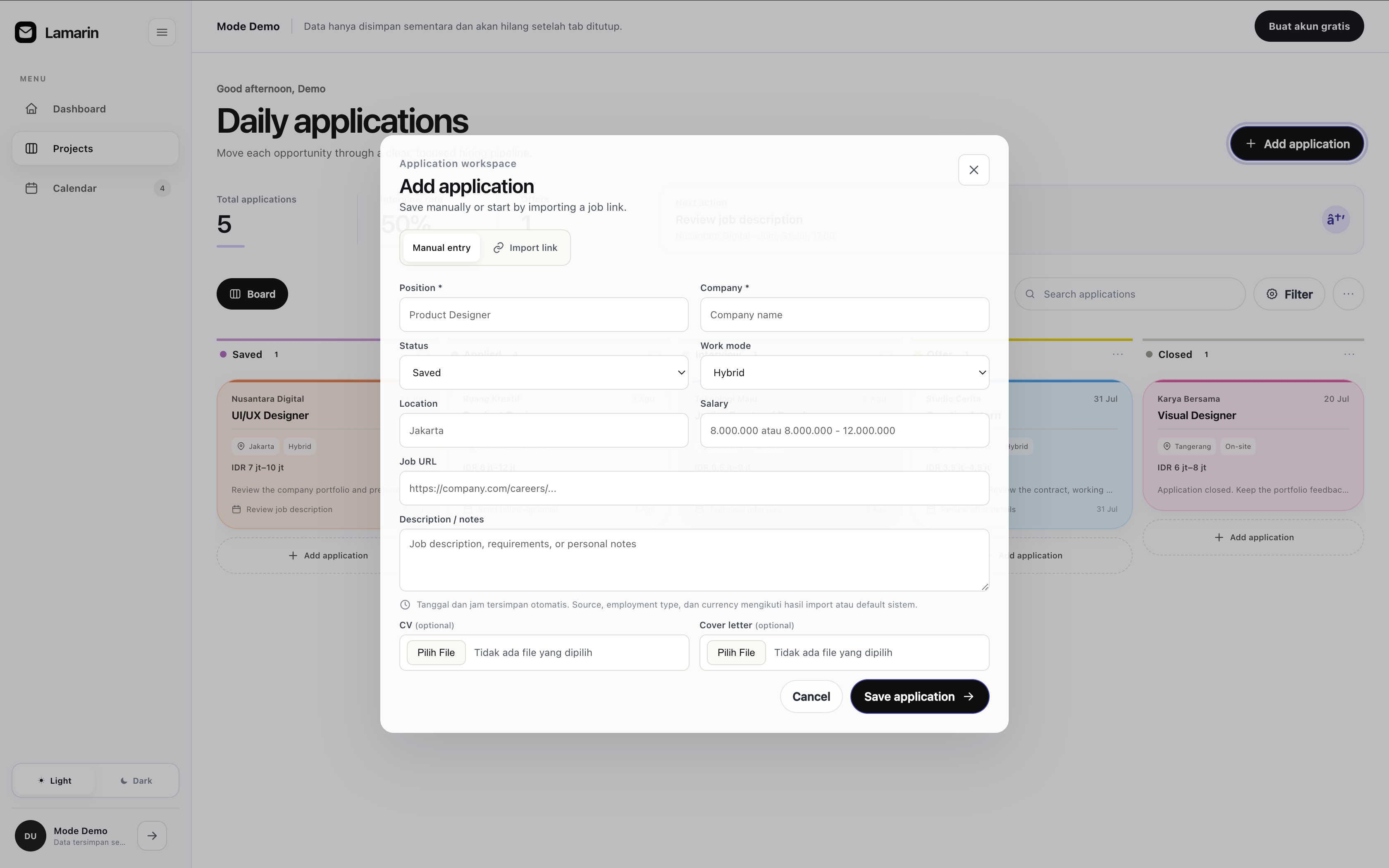 LAMARIN add application and job-link import flow inside a desktop browser