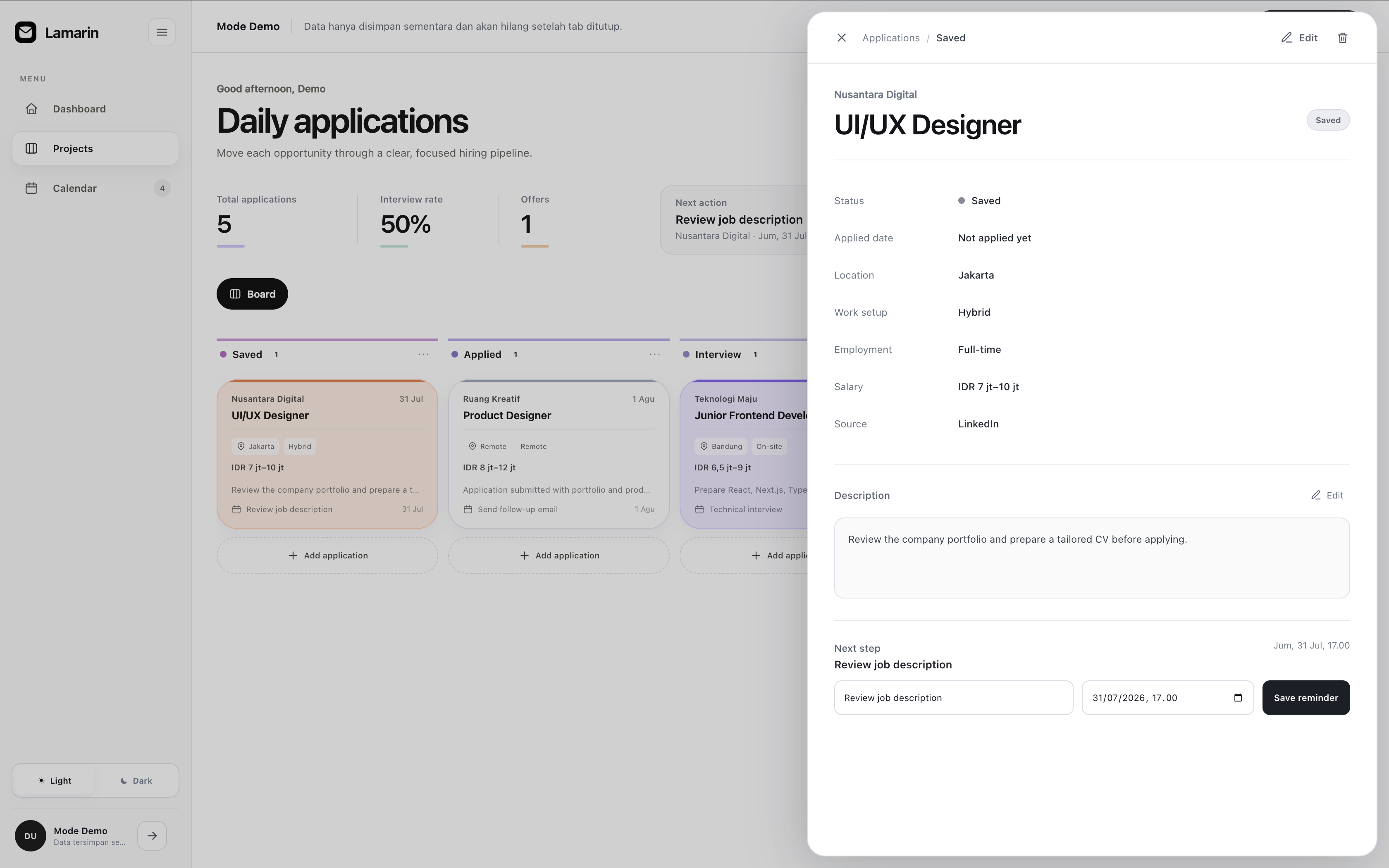 LAMARIN application detail drawer inside a desktop browser