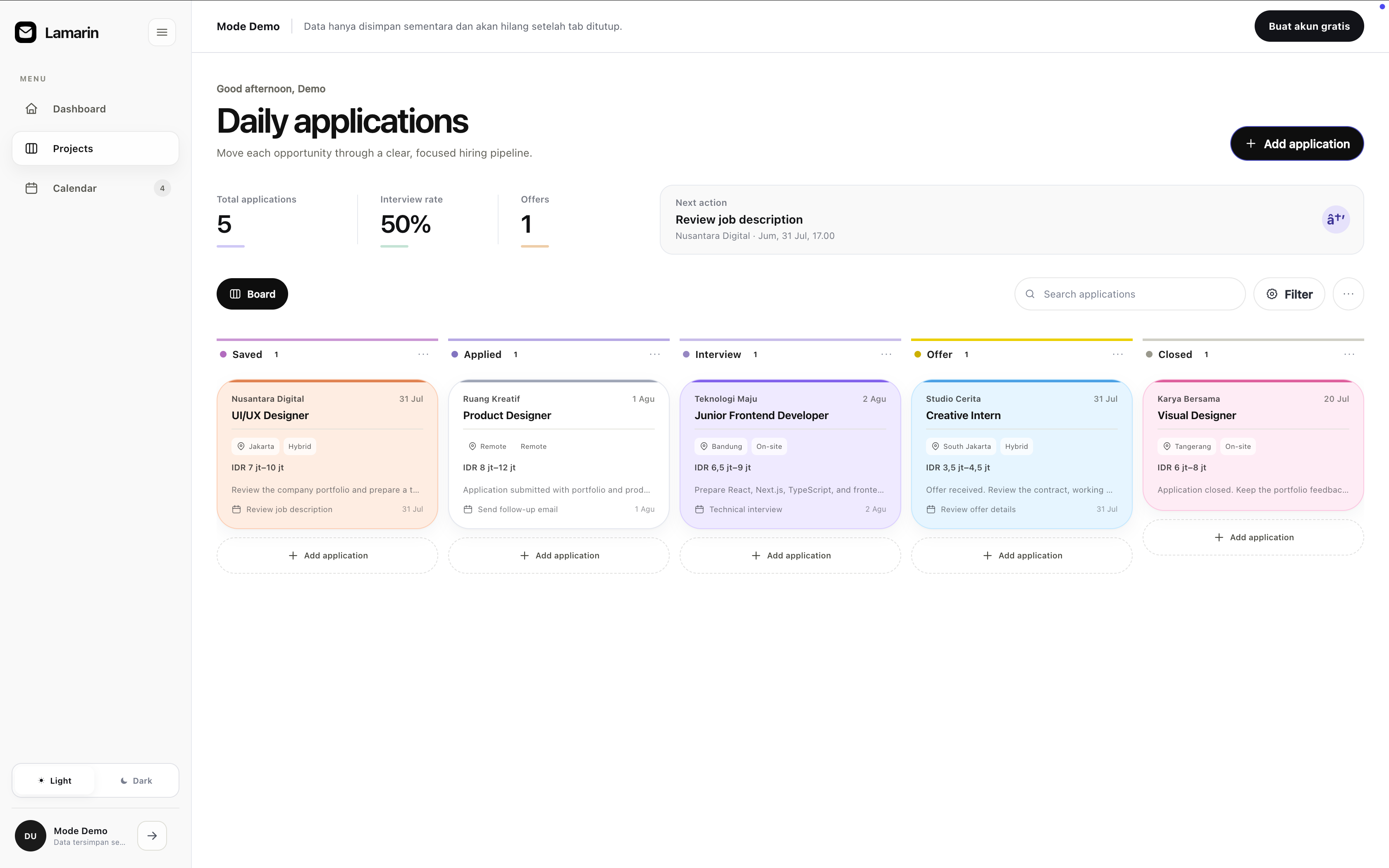 LAMARIN Kanban application board inside a desktop browser
