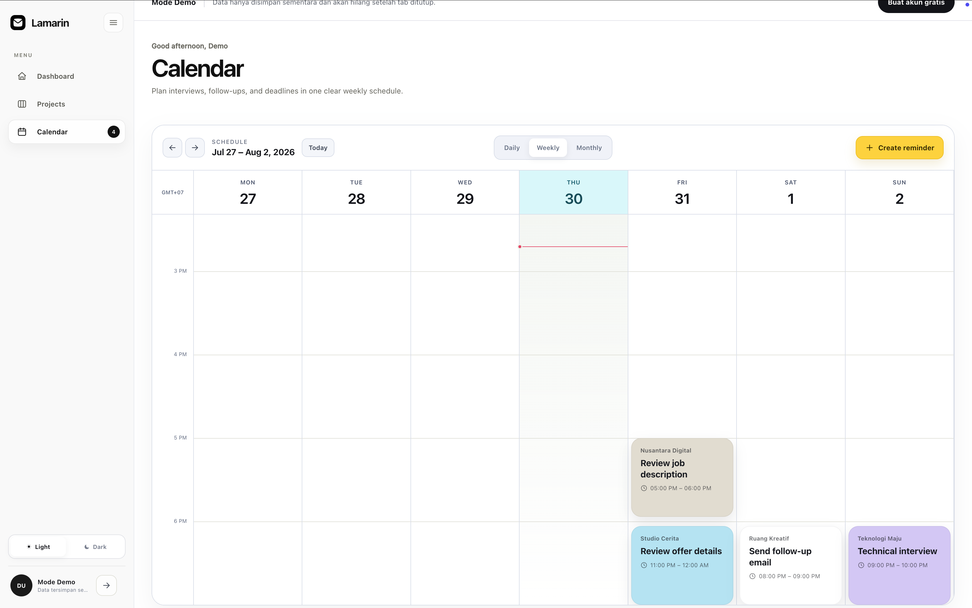 LAMARIN recruitment calendar inside a desktop browser
