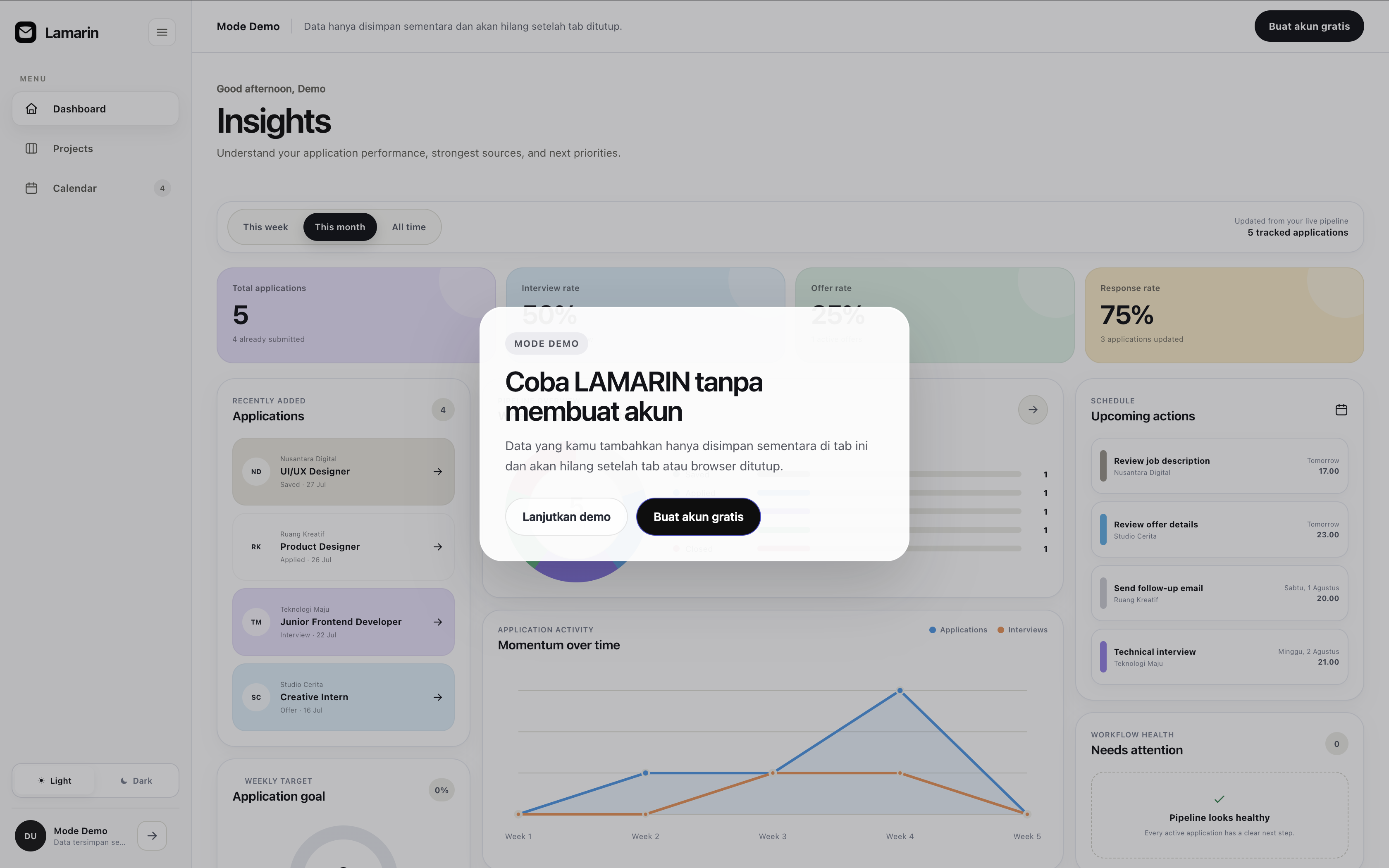 LAMARIN temporary demo workspace inside a desktop browser