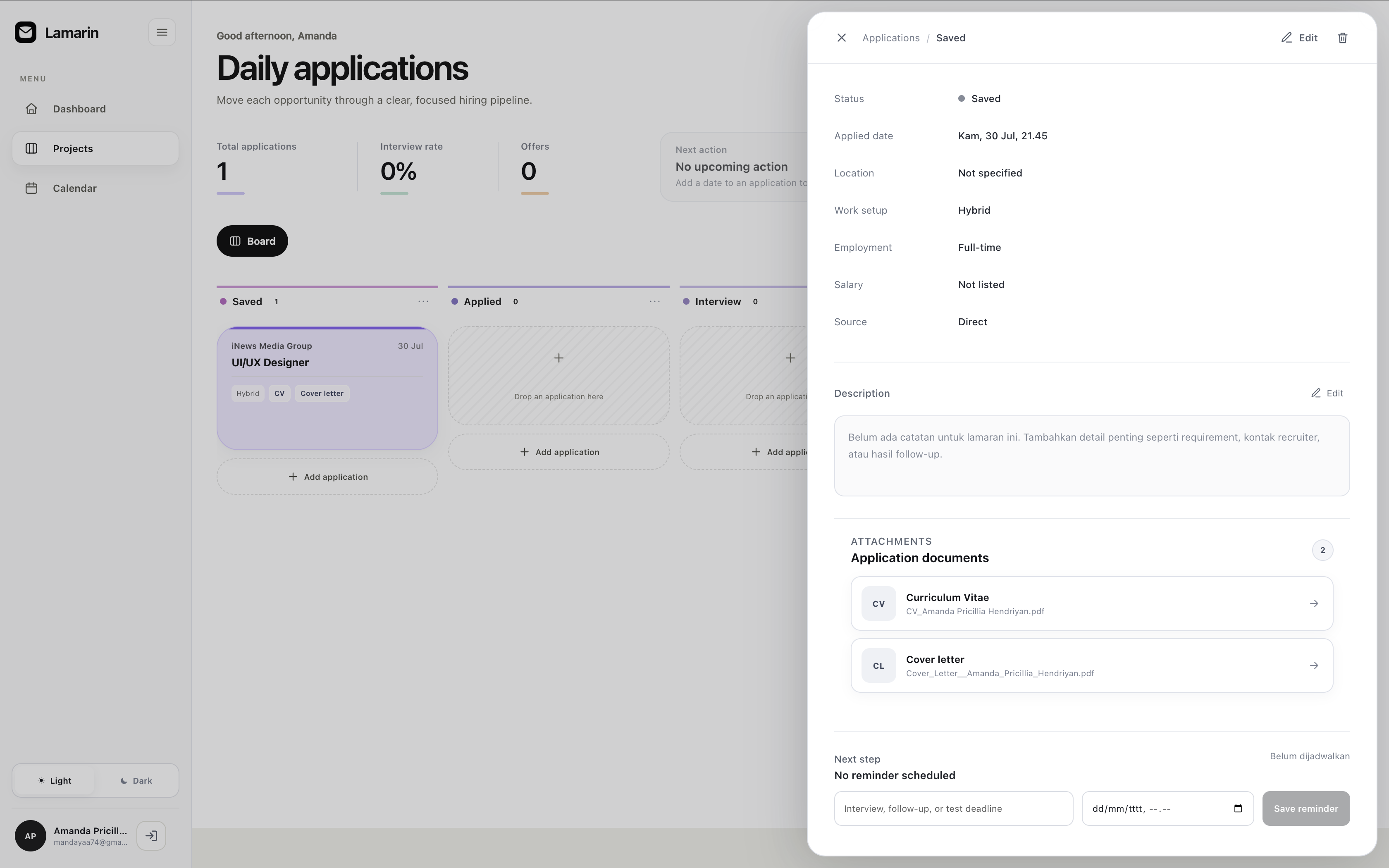 LAMARIN CV and cover-letter management inside a desktop browser