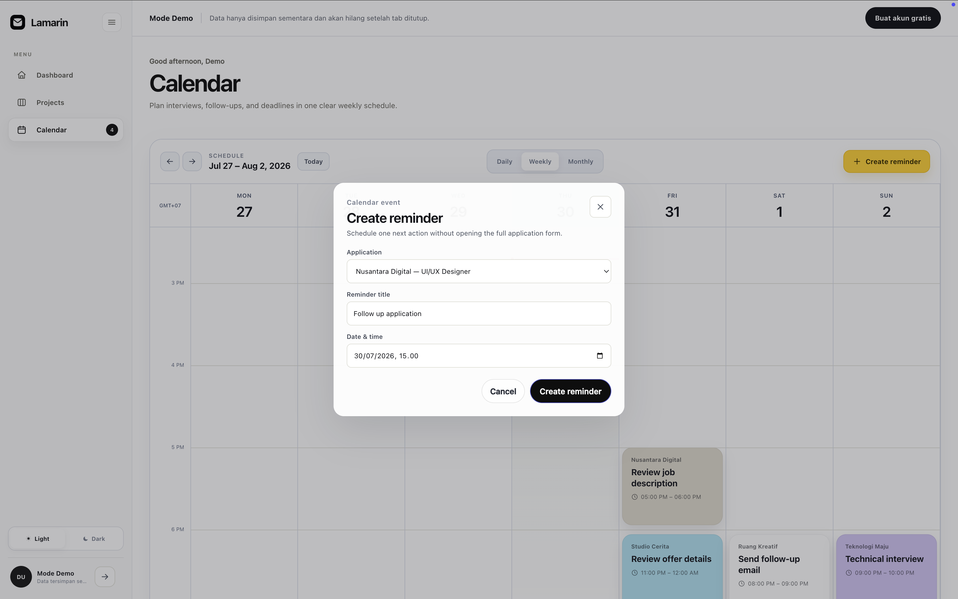 LAMARIN create reminder workflow inside a desktop browser